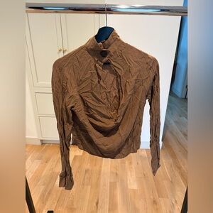Mock Neck Brown Long-Sleeve Top with Open Front